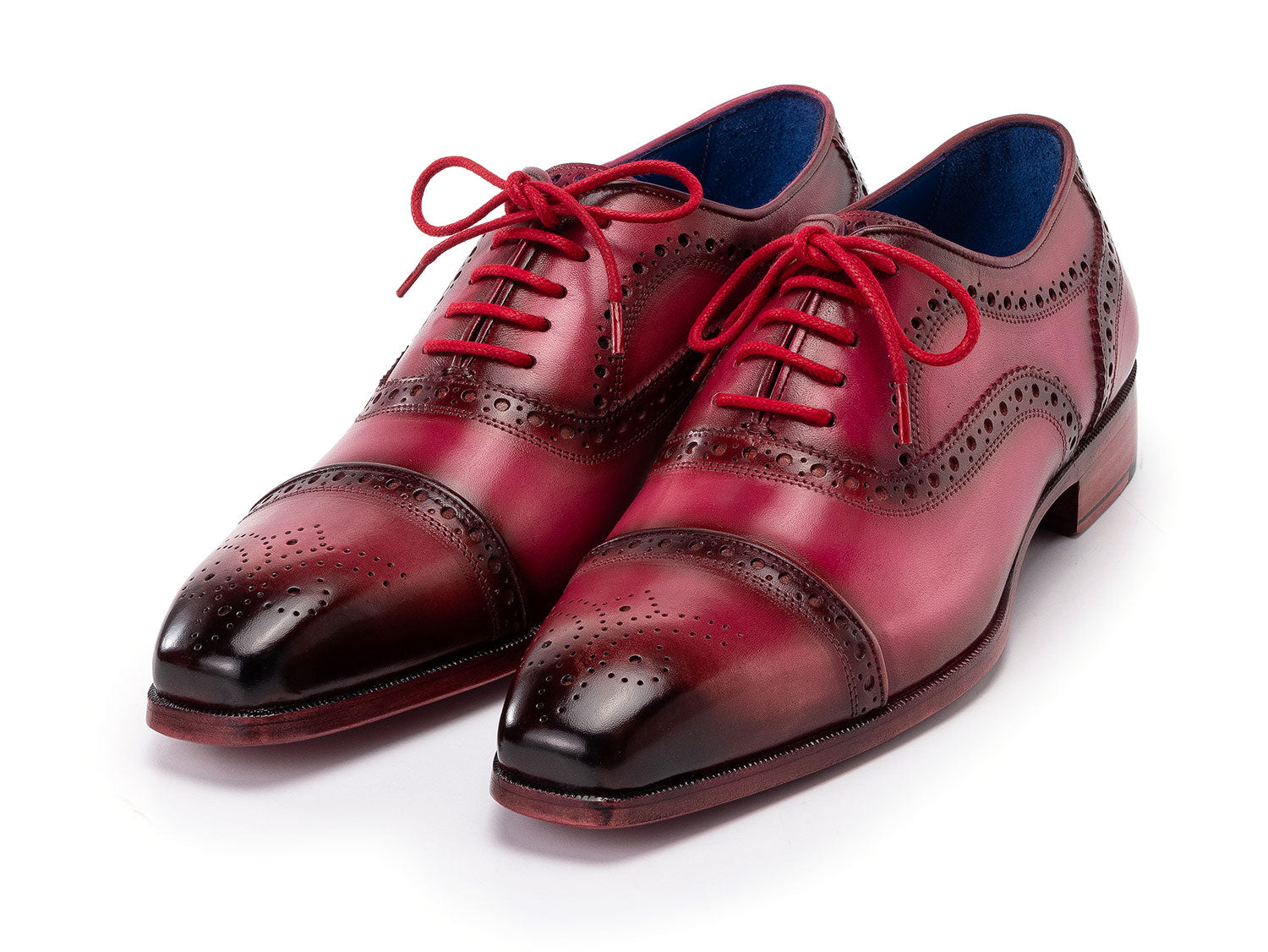Paul Parkman Captoe Oxfords Fuxia - 024-FUX by Paul Parkman feature hand-painted polished red and black leather with brogue details and bold red laces, shown on a white background.
