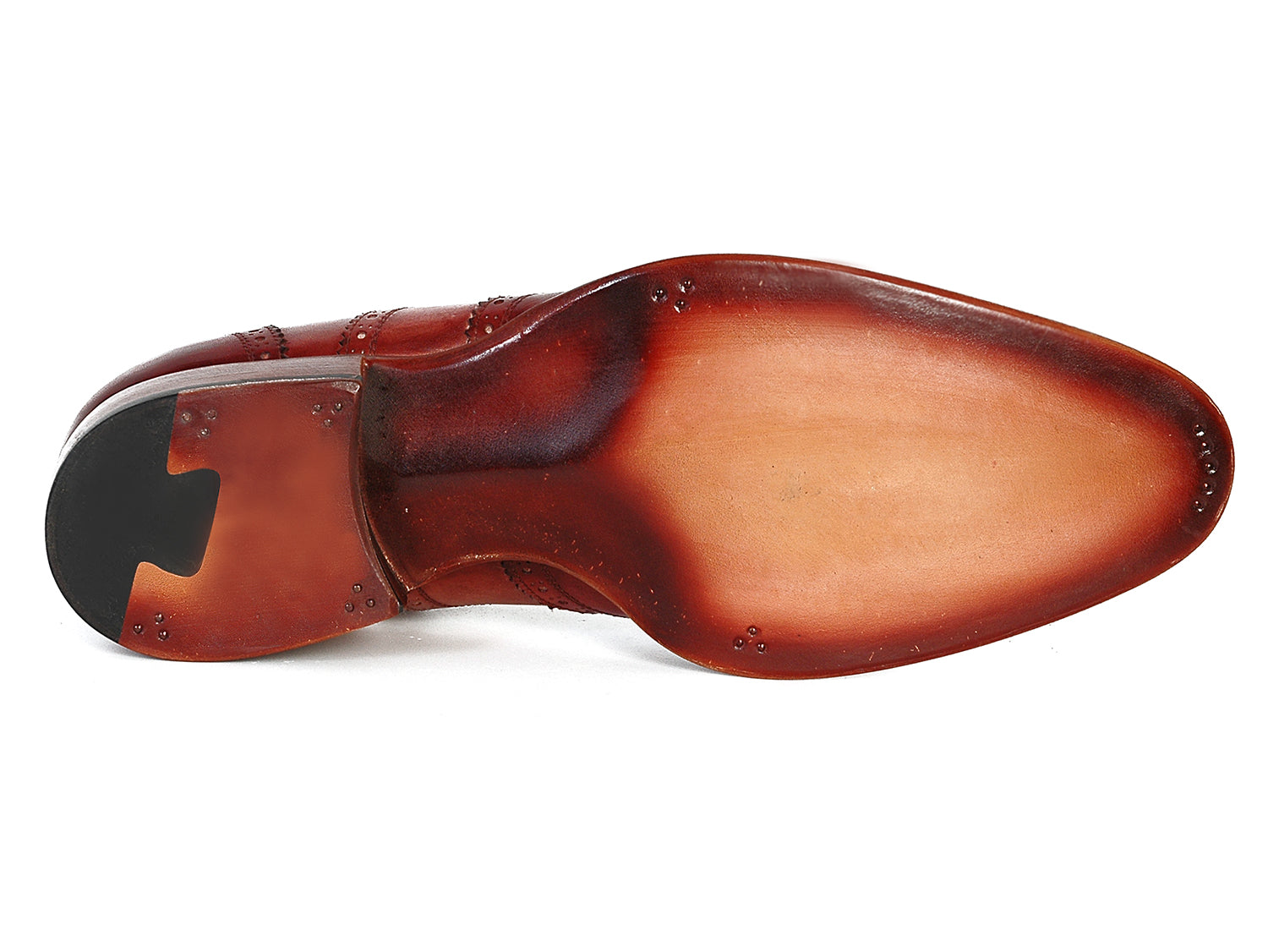 Paul Parkman Wingtip Oxfords Bordeaux & Camel - 027B are handmade brown leather shoes with decorative perforations, beige laces, and wooden soles, shown in top and side views. Brand: Paul Parkman.