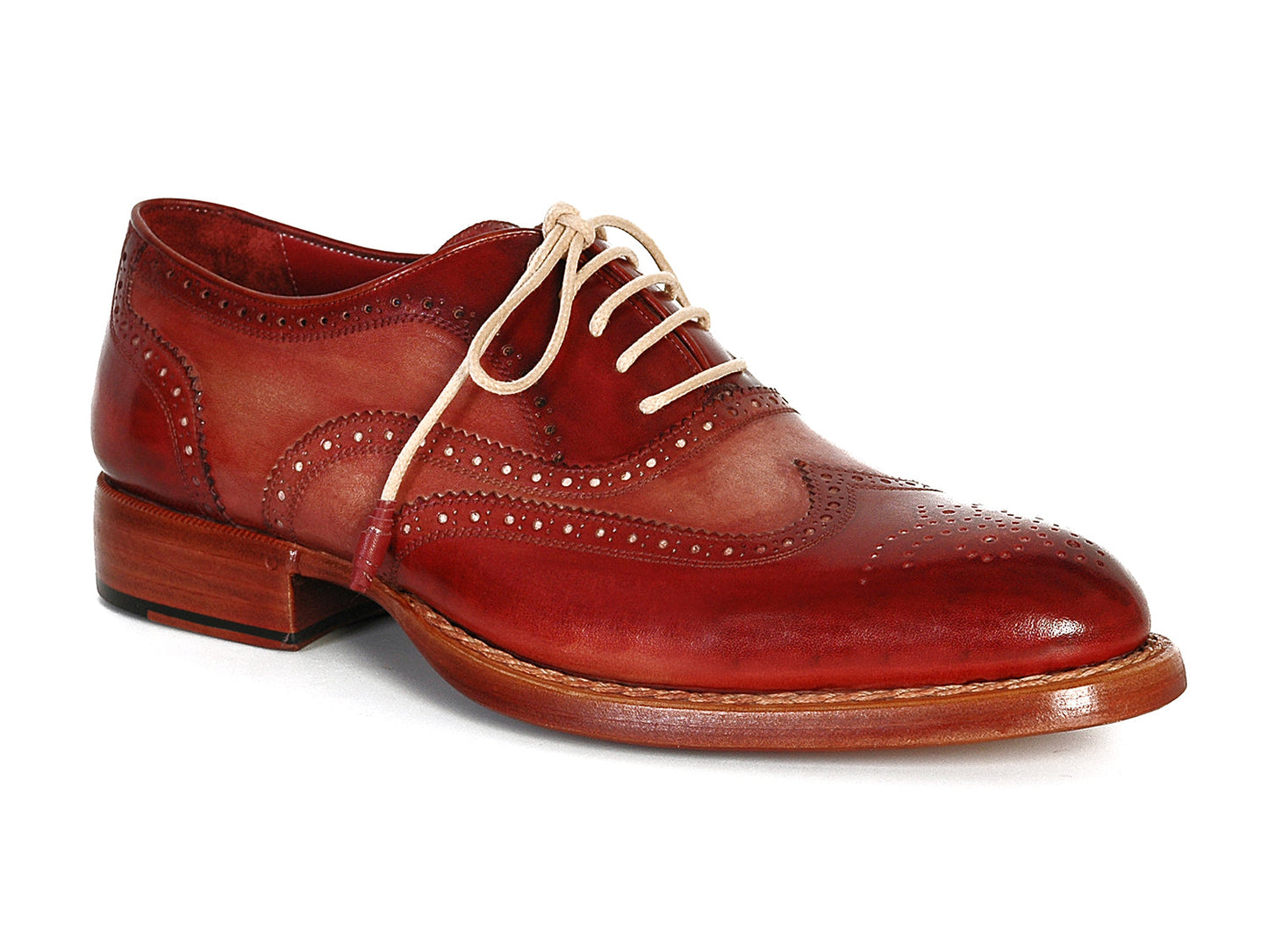 Paul Parkman Wingtip Oxfords Bordeaux & Camel - 027B are handmade brown leather shoes with decorative perforations, beige laces, and wooden soles, shown in top and side views. Brand: Paul Parkman.