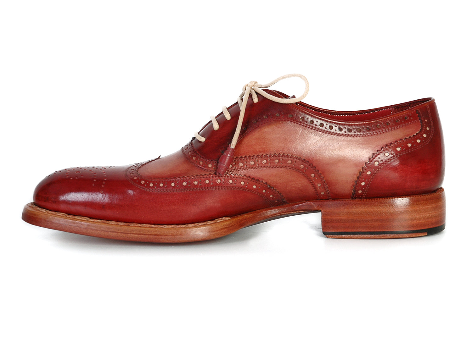 Paul Parkman Wingtip Oxfords Bordeaux & Camel - 027B are handmade brown leather shoes with decorative perforations, beige laces, and wooden soles, shown in top and side views. Brand: Paul Parkman.