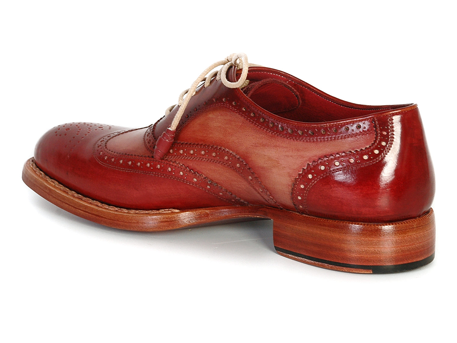 Paul Parkman Wingtip Oxfords Bordeaux & Camel - 027B are handmade brown leather shoes with decorative perforations, beige laces, and wooden soles, shown in top and side views. Brand: Paul Parkman.