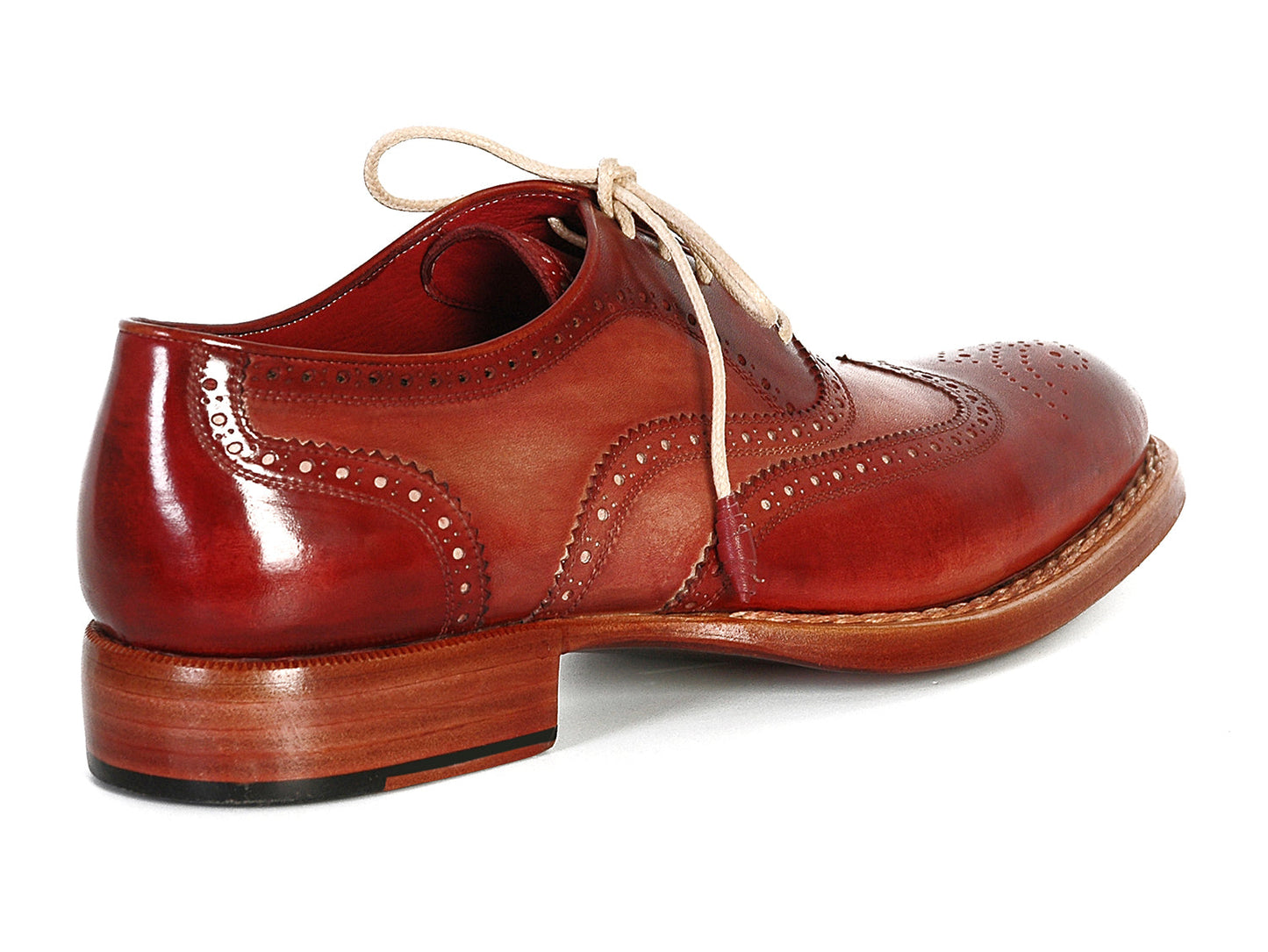 Paul Parkman Wingtip Oxfords Bordeaux & Camel - 027B are handmade brown leather shoes with decorative perforations, beige laces, and wooden soles, shown in top and side views. Brand: Paul Parkman.