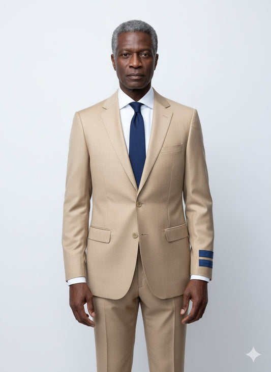 The Cavelli Uomo Porto Slim Fit Suit 1986/18 in light brown (FINAL SALE, NO RETURN OR EXCHANGE) by CAVELLI is displayed with tags attached on a hanger over a gray wooden floor.