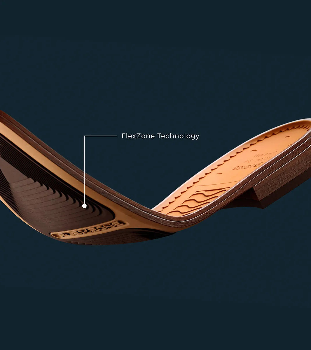Labeled diagram of a FLEXZONE insole with molded heel cup, anatomical arch support, and cushioned heel pod—designed for maximum comfort in the STACY ADAMS Brayden Wingtip Oxford (Tan, 25635-240).