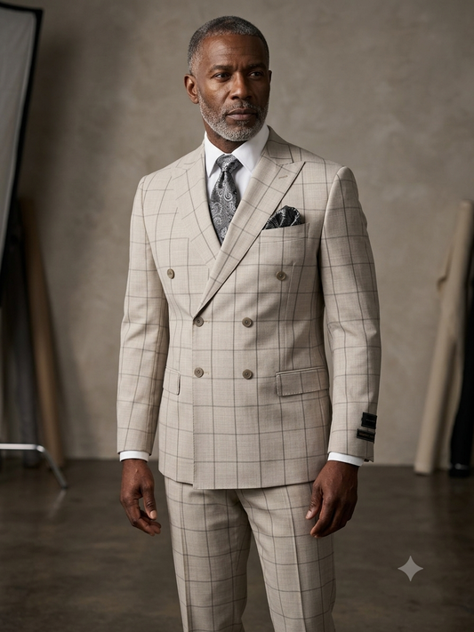 A man wears the Tiglio Luxe PISTOIA Modern Fit Double Breasted TL9166 suit by Tiglio, tailored in light beige plaid from luxurious Super 150’s wool. Boasting a modern fit and expertly crafted in Italy, the suit is styled with a patterned tie and pocket square as he stands confidently against a neutral studio background.