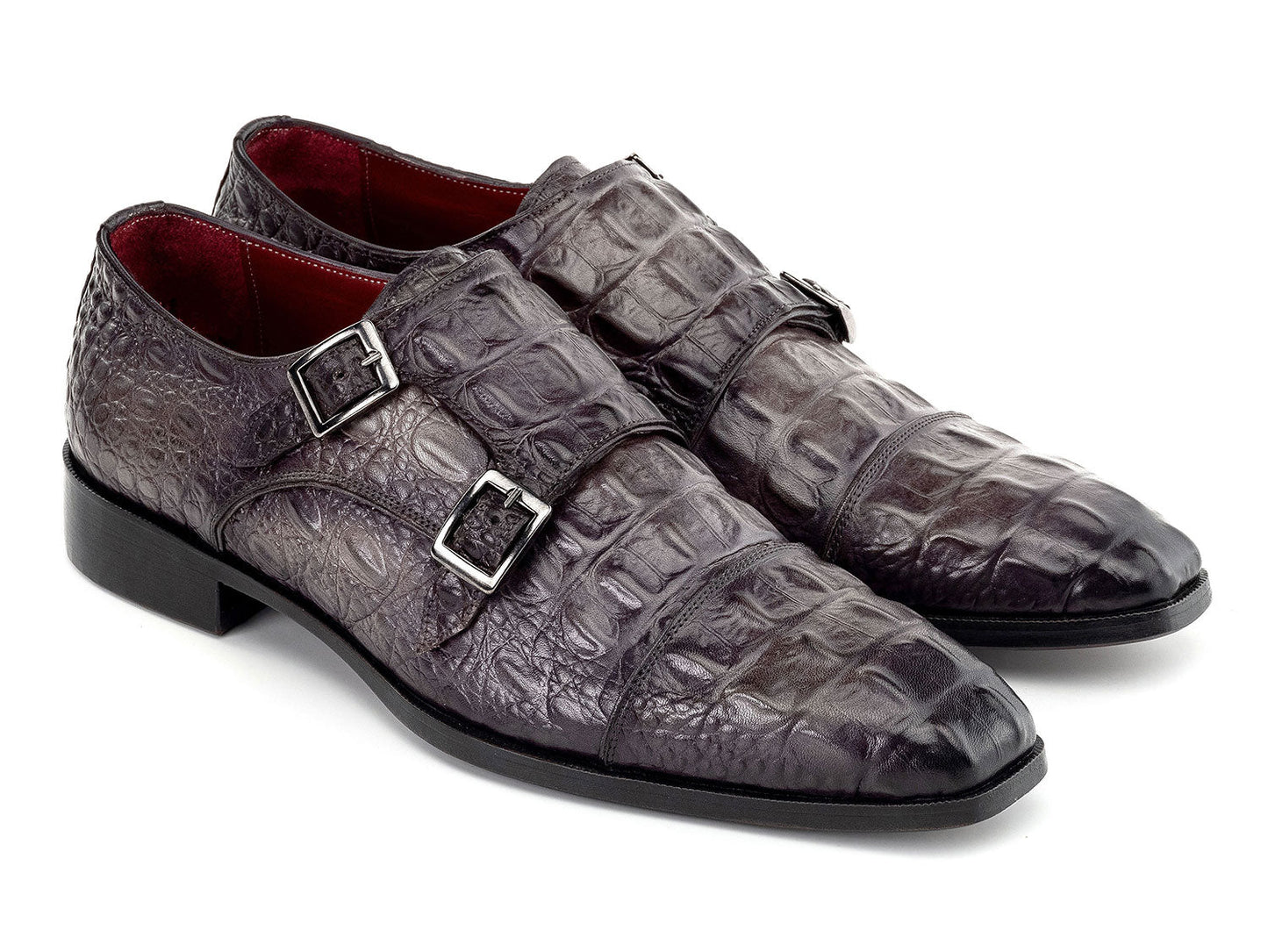 Paul Parkman Double Monkstrap Shoes in gray crocodile textured leather for men, featuring a stylish double monkstrap design, displayed on a white background. Brand: Paul Parkman. Product code: 045BF96.
