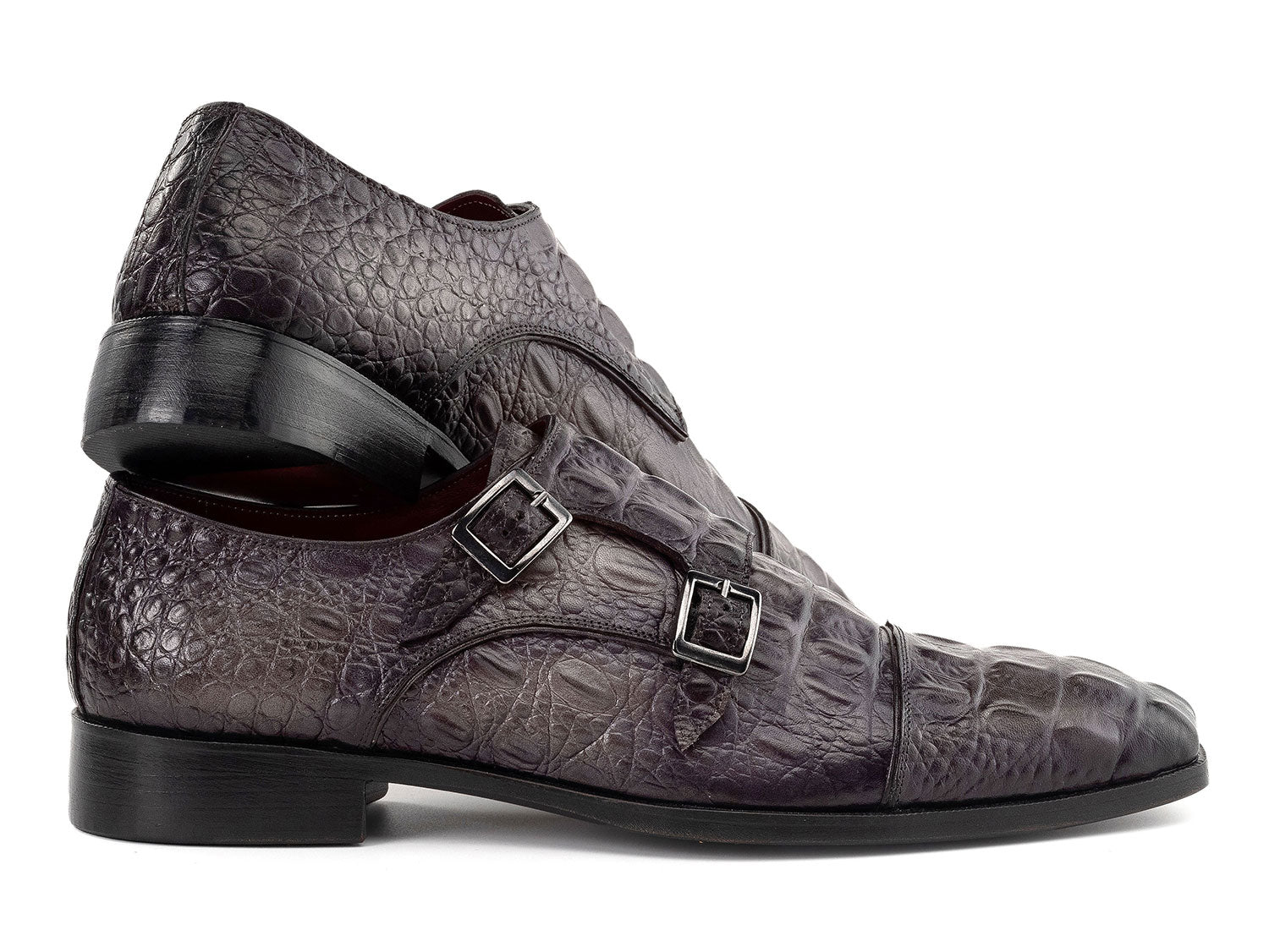 Paul Parkman Double Monkstrap Shoes in gray crocodile textured leather for men, featuring a stylish double monkstrap design, displayed on a white background. Brand: Paul Parkman. Product code: 045BF96.