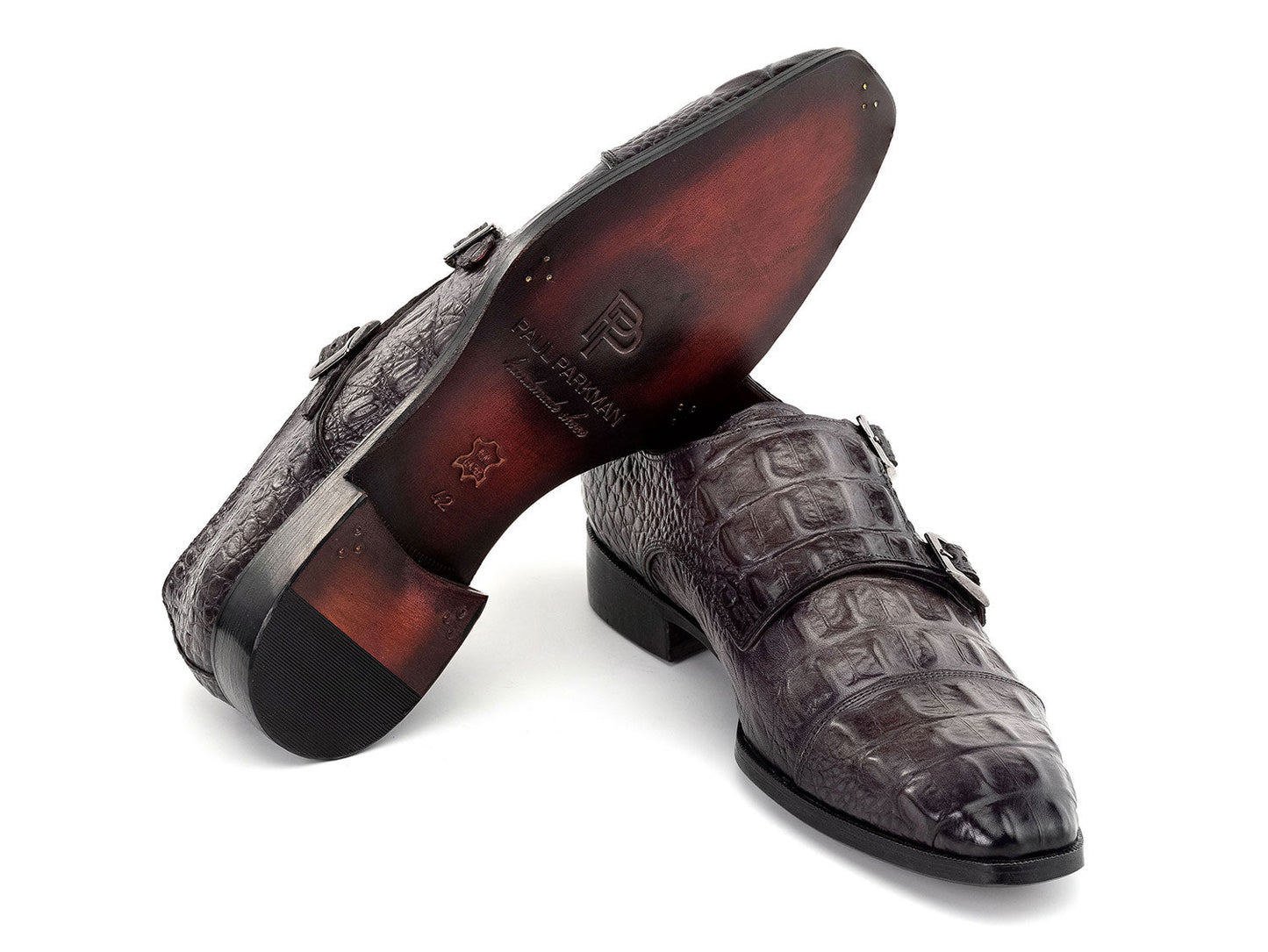 Paul Parkman Double Monkstrap Shoes in gray crocodile textured leather for men, featuring a stylish double monkstrap design, displayed on a white background. Brand: Paul Parkman. Product code: 045BF96.