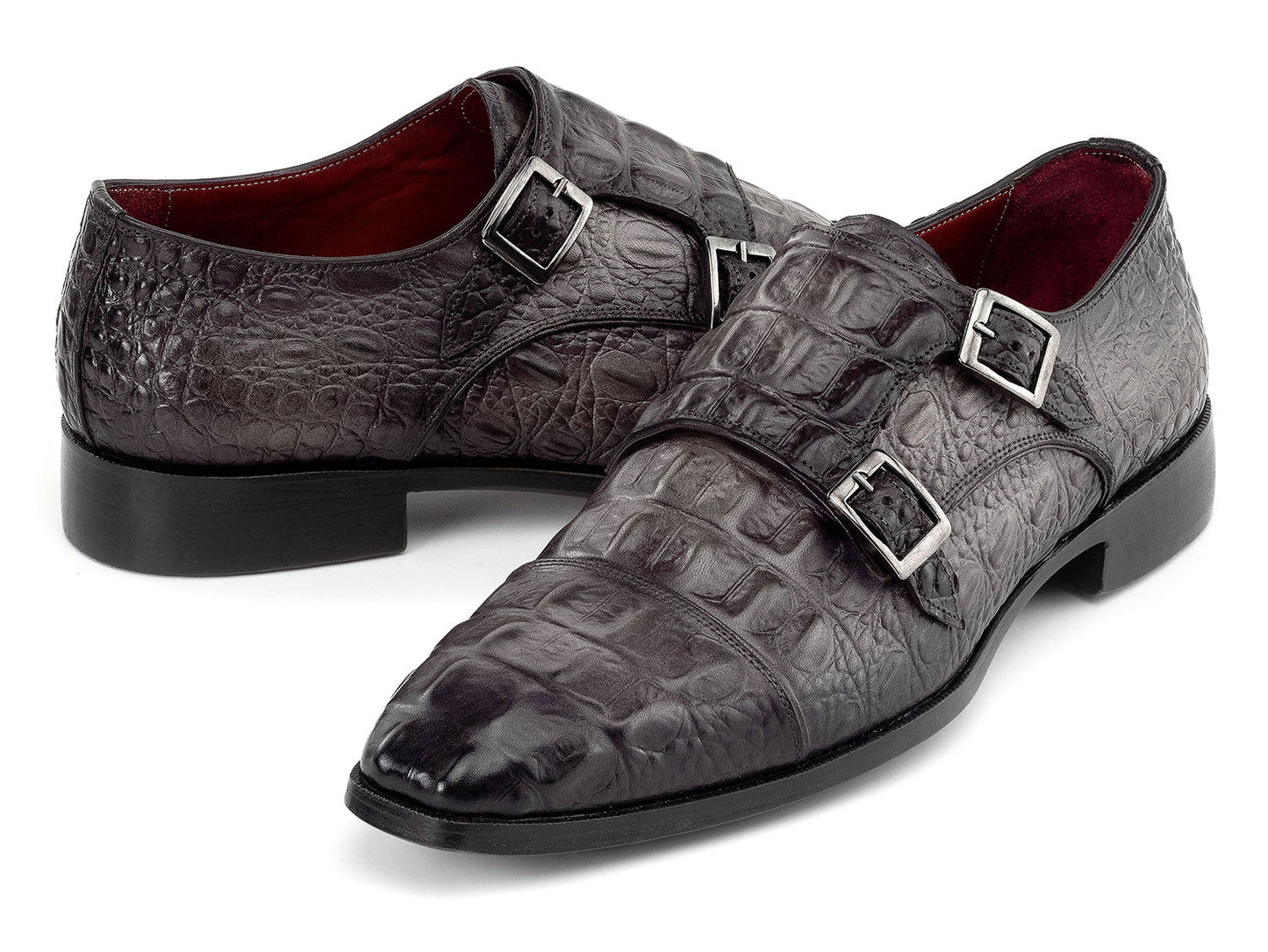 Paul Parkman Double Monkstrap Shoes in gray crocodile textured leather for men, featuring a stylish double monkstrap design, displayed on a white background. Brand: Paul Parkman. Product code: 045BF96.