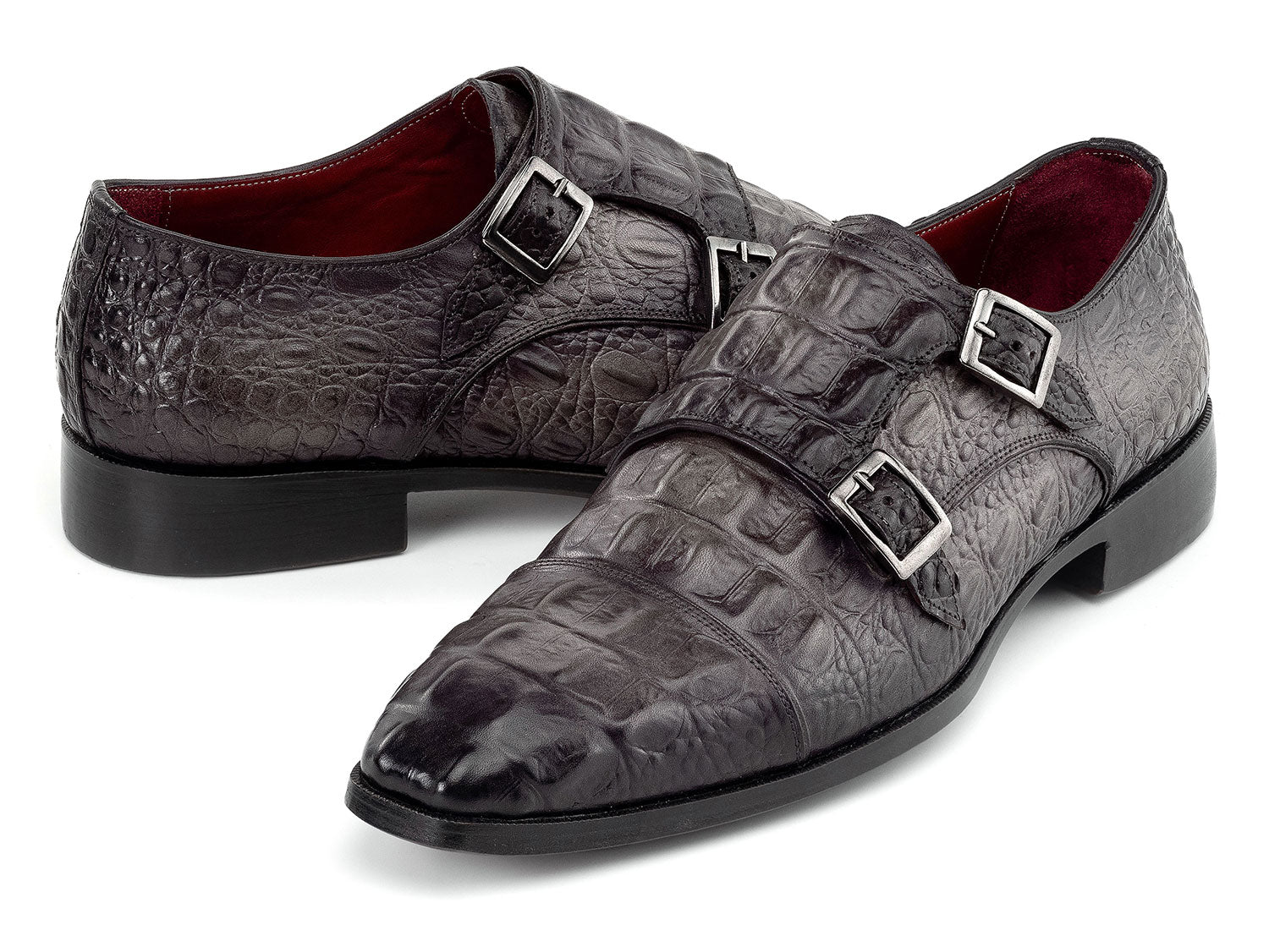 Paul Parkman Double Monkstrap Shoes in gray crocodile textured leather for men, featuring a stylish double monkstrap design, displayed on a white background. Brand: Paul Parkman. Product code: 045BF96.
