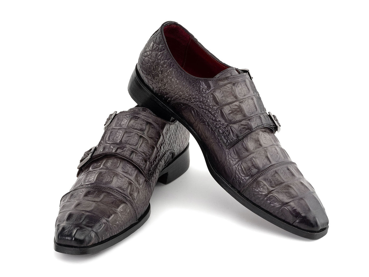 Paul Parkman Double Monkstrap Shoes in gray crocodile textured leather for men, featuring a stylish double monkstrap design, displayed on a white background. Brand: Paul Parkman. Product code: 045BF96.