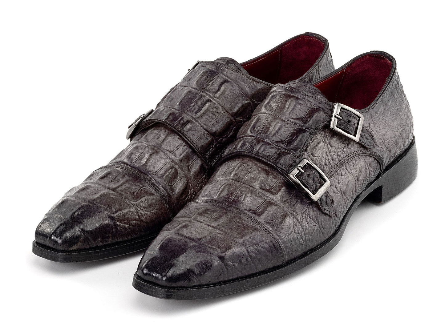 Paul Parkman Double Monkstrap Shoes in gray crocodile textured leather for men, featuring a stylish double monkstrap design, displayed on a white background. Brand: Paul Parkman. Product code: 045BF96.