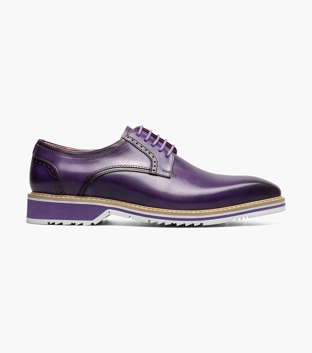 The STACY ADAMS Barringer Plain Toe Oxford (Purple, 25722-542) is a single purple leather lace-up dress shoe with a low heel, contrasting sole, and Memory Foam footbed, shown on a plain white background.