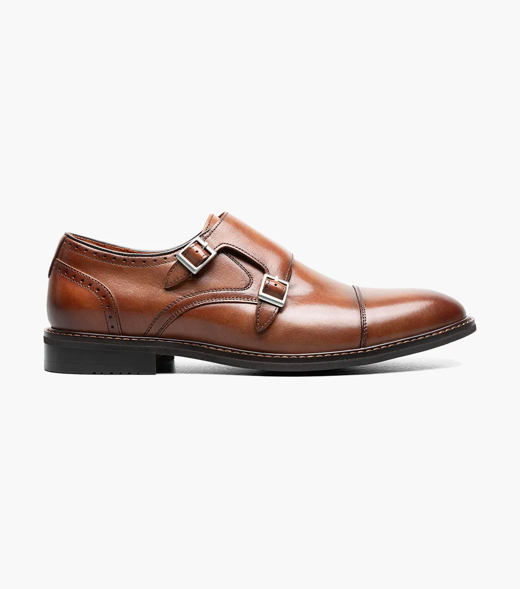 STACY ADAMS Boswell Cap Toe Double Monk Strap in Brandy (25779-226) features a cap toe, low heel, and silver buckles, shown on a white background.