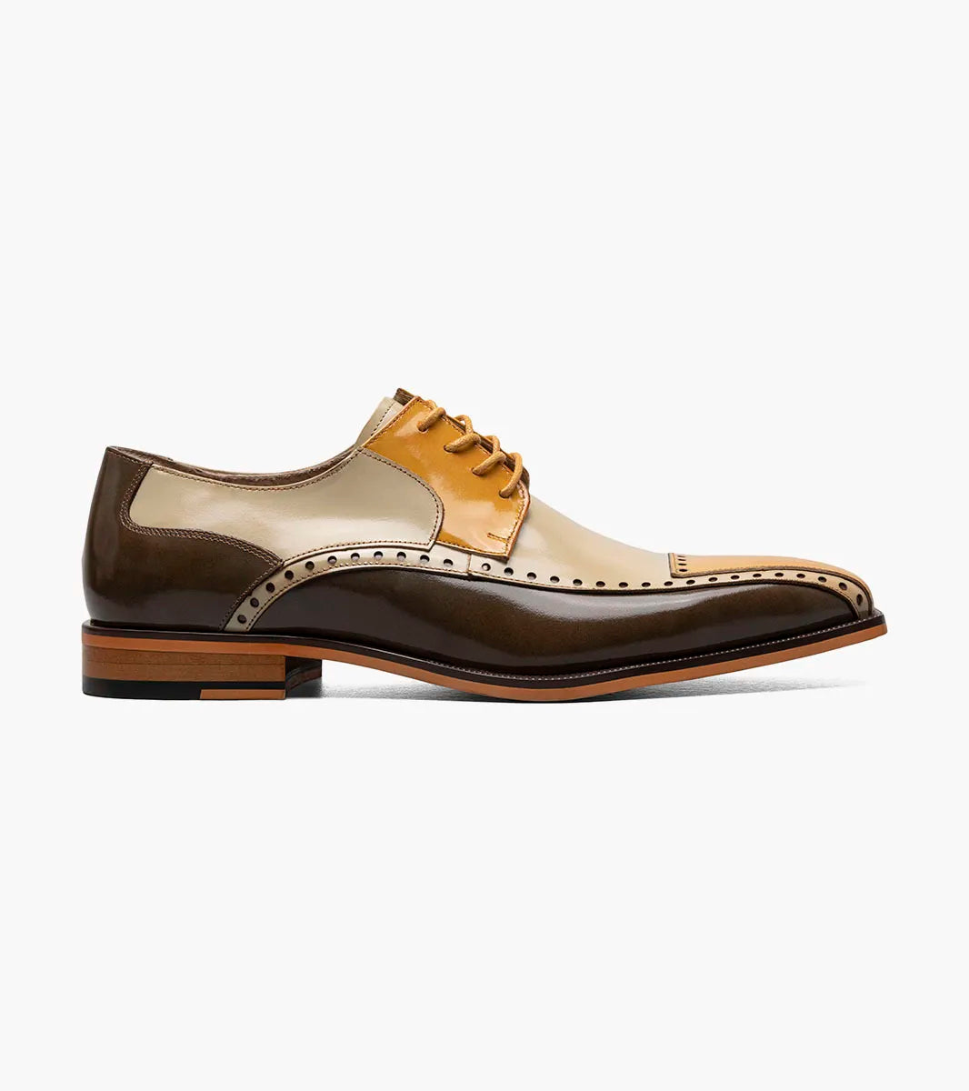 The STACY ADAMS Plaza Modified Cap Toe Oxford (25608-302) in Olive Multi features a leather upper with color-block design, brogue details, Memory Foam insole, and a low wooden heel for men's dress style and comfort.