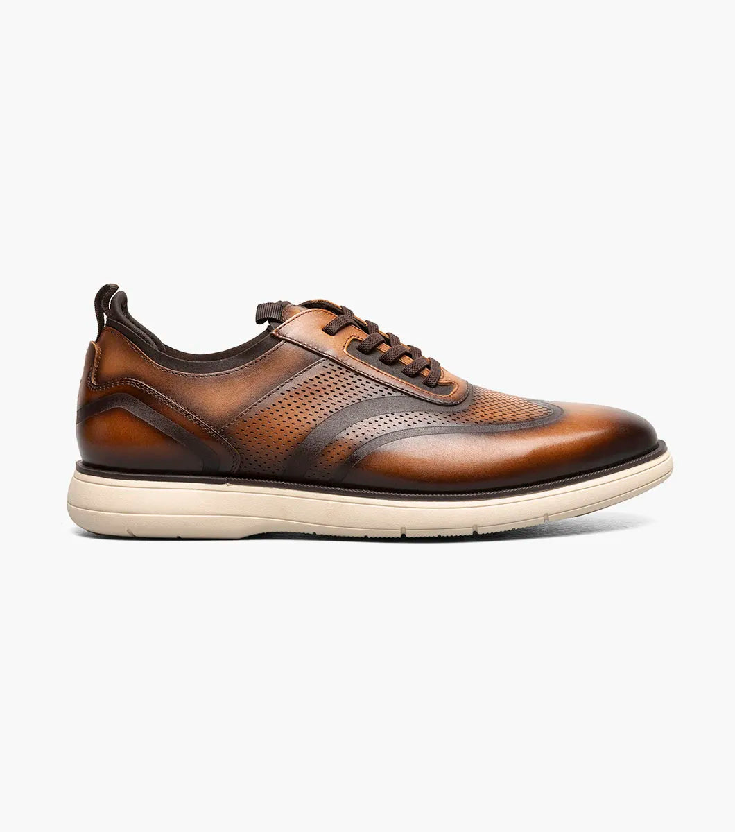 The STACY ADAMS Edgewood Wingtip Elastic Lace Up (Cognac) features a shoe insole with molded heel cup, anatomical arch support, cushioned heel pod, and a FLEX ZONE for enhanced comfort and stability.