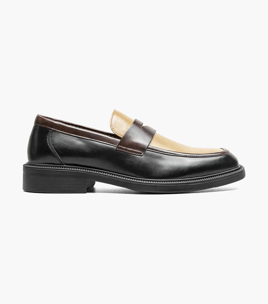 Introducing the Stacy Adams Everett Moc Toe Penny Slip On (25790-963): crafted by STACY ADAMS, this men’s dress shoe features a sophisticated design with a black sole, brown sides, and a tan upper. Accented by a classic penny strap across the top, it offers timeless style and comfort thanks to its cushioned insole—making it an ideal refined slip-on for all-day wear.