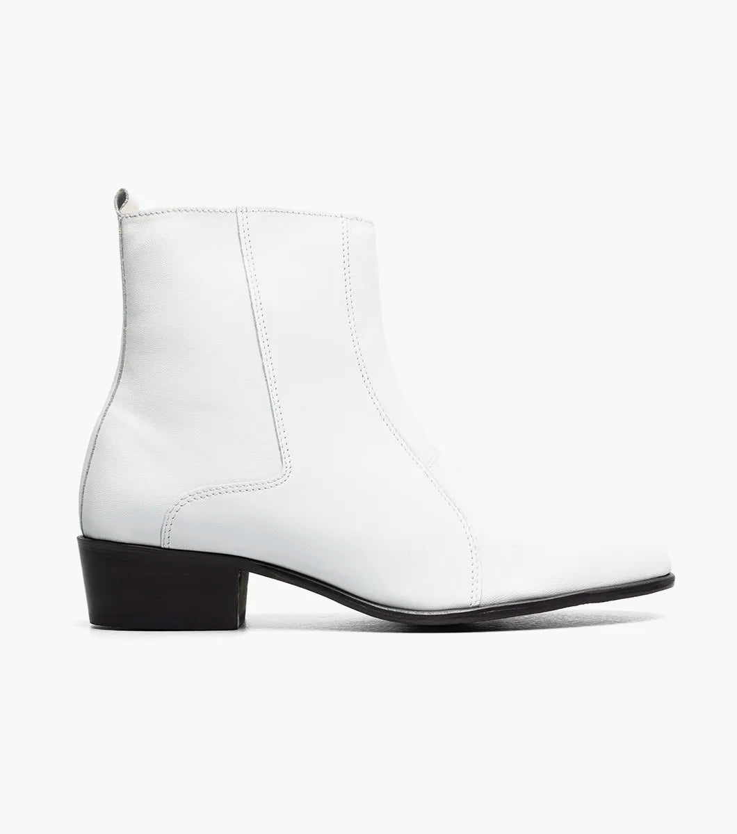 The STACY ADAMS Santos Side Zip Boot (style 24855-100) is shown here in white, crafted from supple kidskin leather with a pointed toe, low black heel, side stitching accents, and a convenient side zip closure, all set against a plain white background.