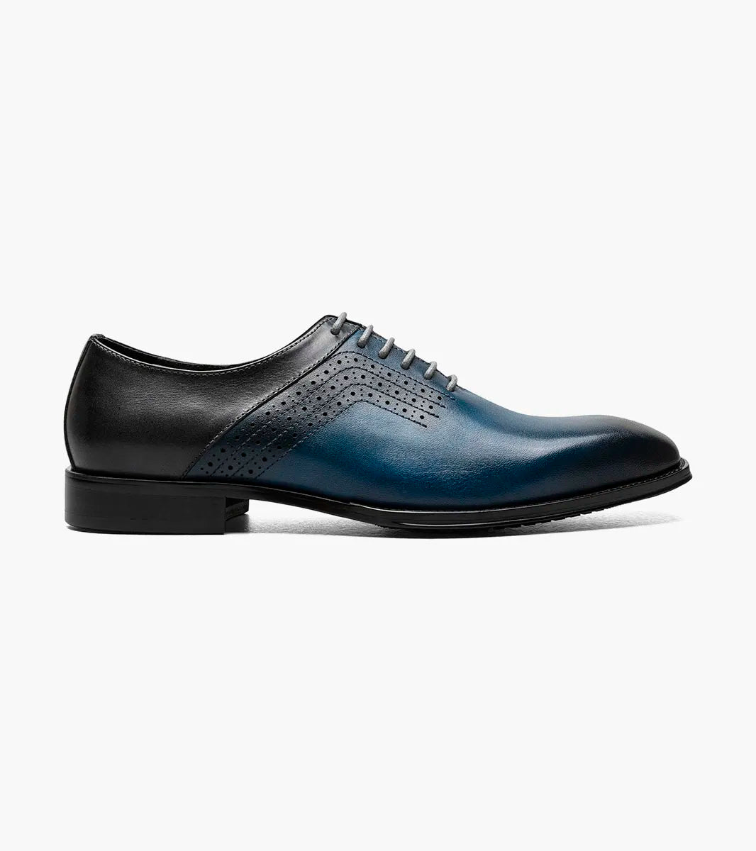 A single STACY ADAMS Halloway Plain Toe Oxford in Blue Multi (25585-419) is displayed on a white background, featuring perforated detailing, laces, and a low black heel.
