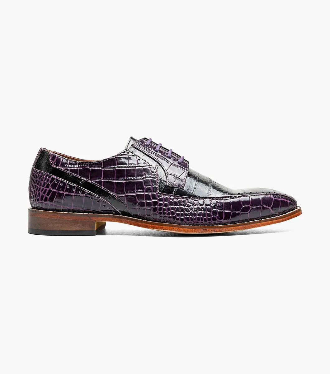 The Stacy Adams Talamanco Bike Toe Oxford (Style 25788-540) is a men’s dress shoe from STACY ADAMS, featuring a glossy black and purple crocodile print leather upper, brown sole, purple laces, and a supportive RedZone footbed—all presented on a plain white background.