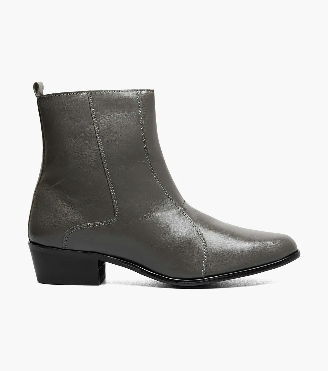 The Stacy Adams Santos Side Zip Boot (24855-020) in gray leather features a square toe, side zipper, visible stitching, low Cuban heel, and subtle crocodile print. Photographed on a white background. Brand: STACY ADAMS.
