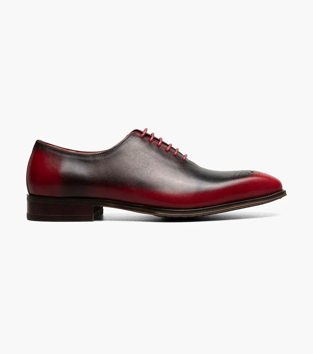 The STACY ADAMS Hallquist Plain Toe Oxford in red (25742-600) features black leather, laces, memory foam insole, low heel, and decorative toe perforations. Displayed individually on a white background.