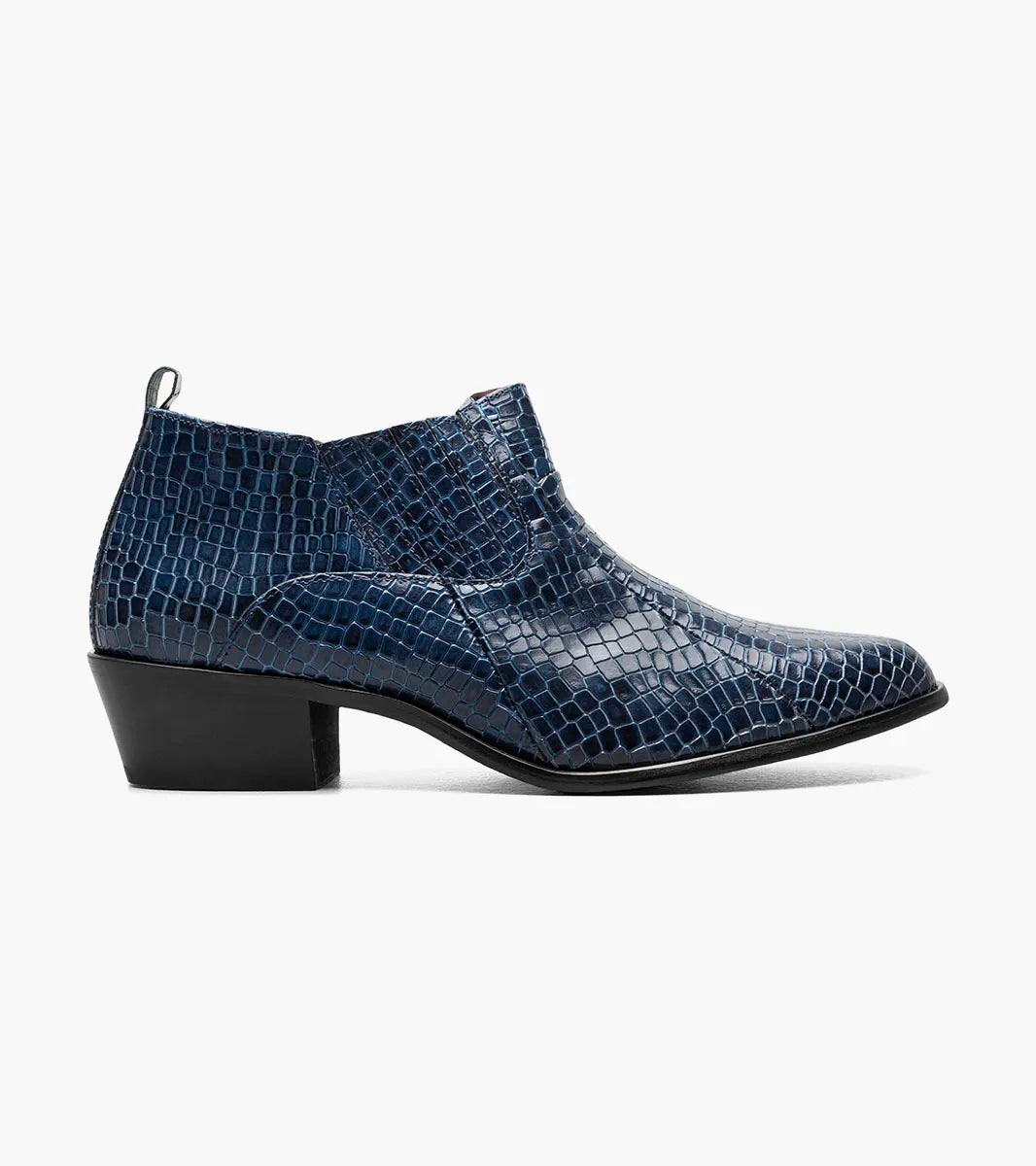 The STACY ADAMS Sandoval Cuban Heeled Boot (Navy, 25666-410) features crocodile print leather, a low Cuban heel, and pointed toe, displayed in profile on a white background.