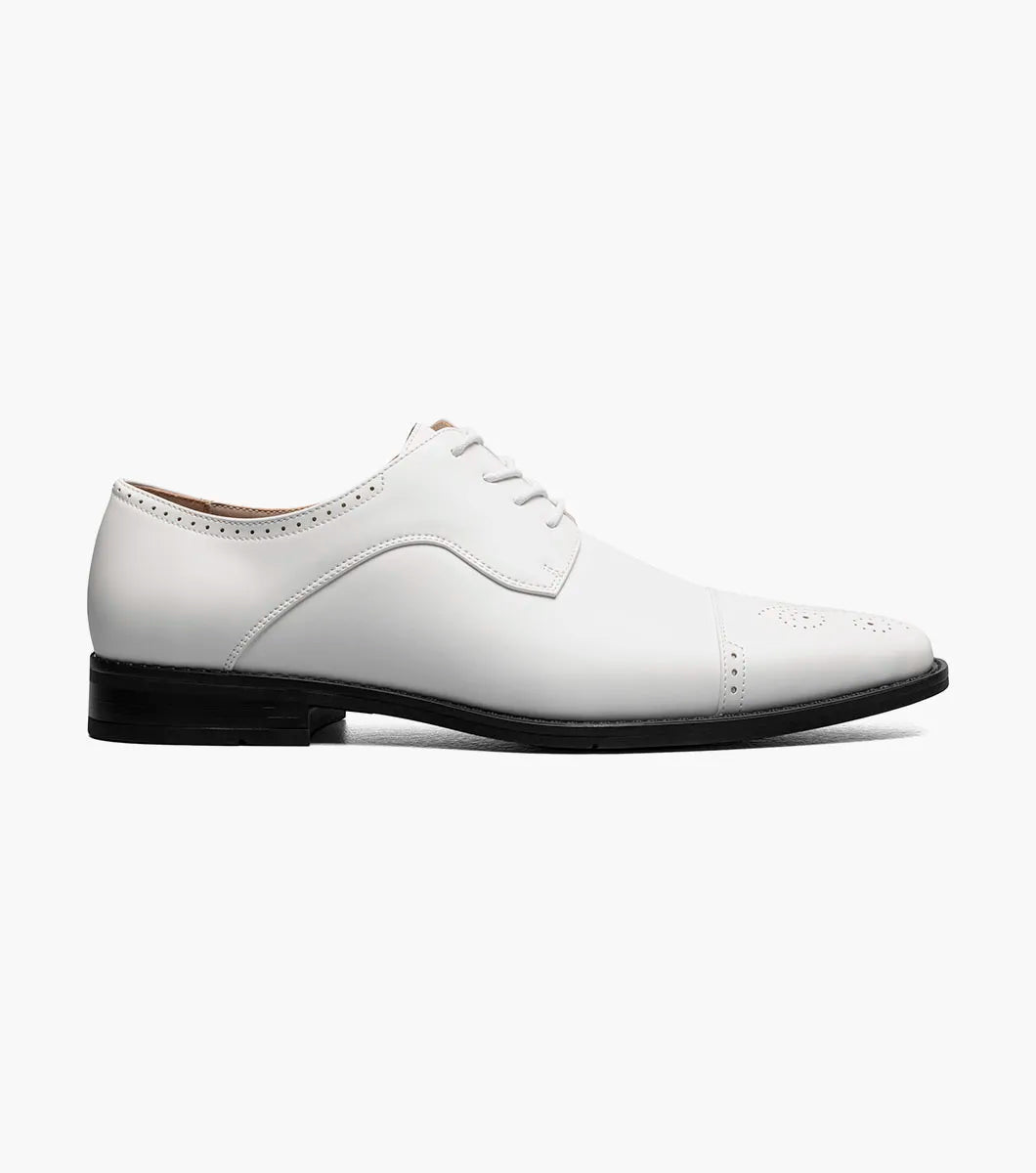 The STACY ADAMS Kenway Cap Toe Oxford (20194-100) is a white leather dress shoe with laces, a black sole, and decorative toe perforations.