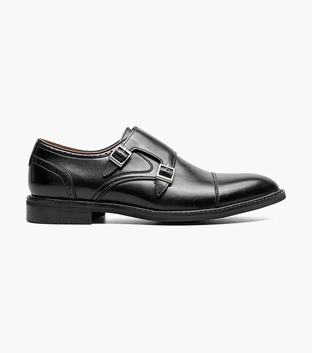 The STACY ADAMS Boswell Cap Toe Double Monk Strap (Black, 25779-001) features an insole for leather shoes with a molded heel cup, cushioned heel pod, and anatomical arch support.