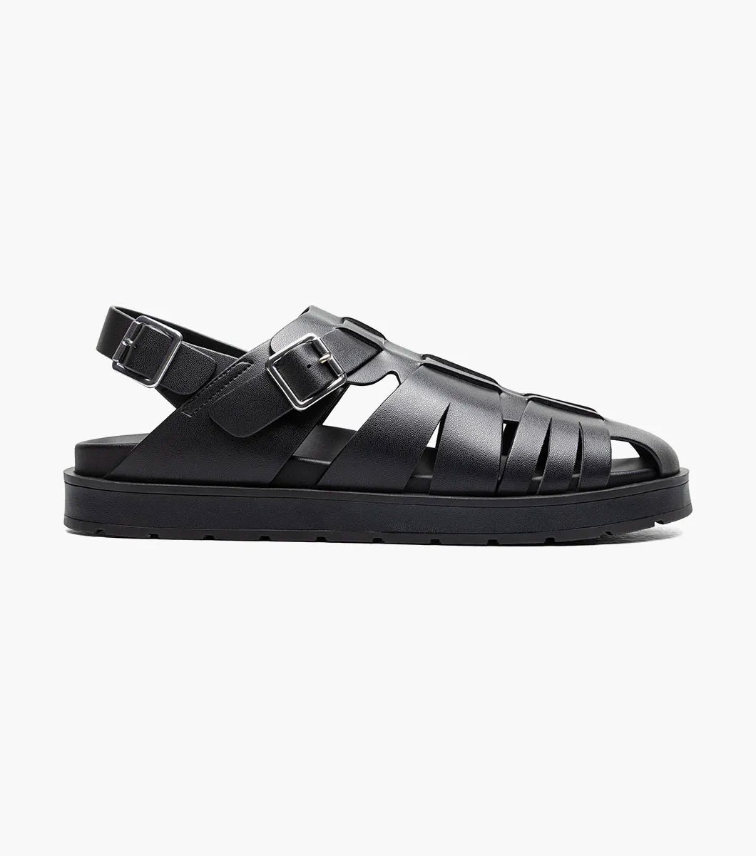 The Stacy Adams Largo Slingback Buckle Sandal (25773-001) features black leather woven straps, an open toe, closed heel, cushioned sole, and adjustable buckles—perfect men’s summer footwear. Shown on a white background.