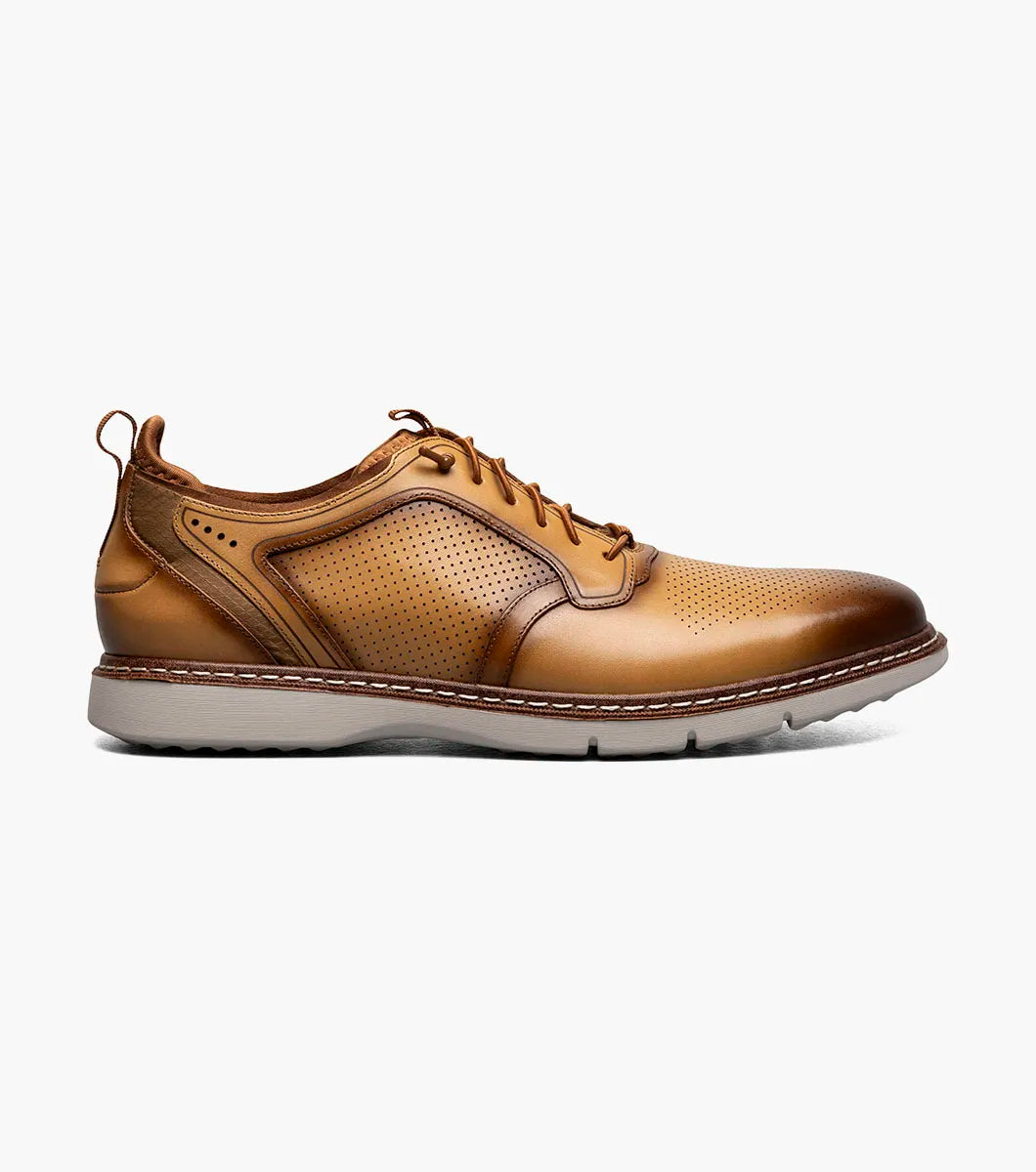 The Stacy Adams Sync Plain Toe Elastic Lace Up in Natural features a tan and brown leather upper with perforated details, brown elastic laces, and a white rubber sole; product code 25662-280 by STACY ADAMS.
