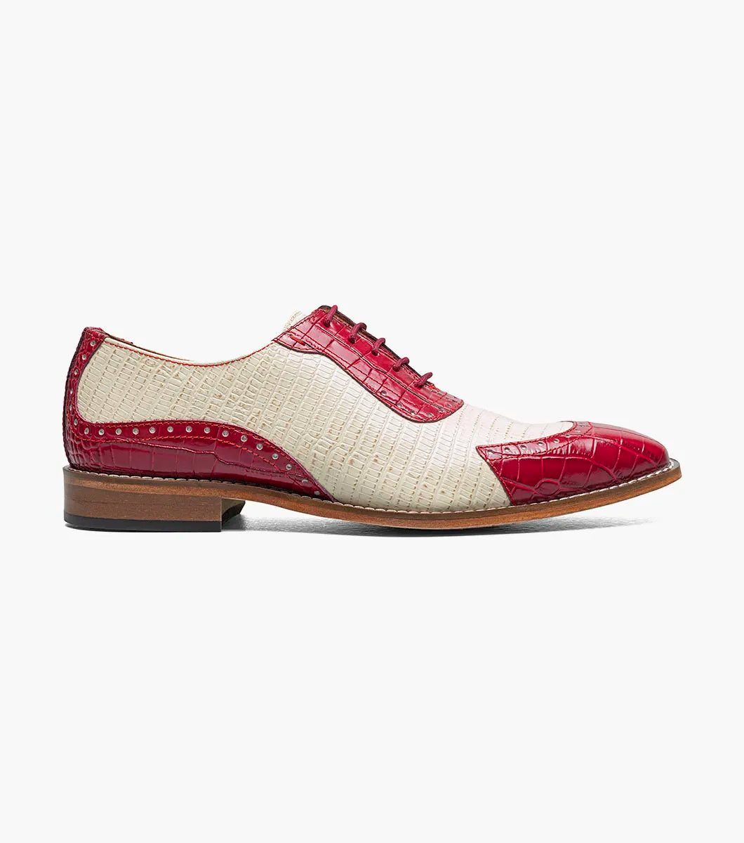 The STACY ADAMS Tarango Modified Cap Toe Oxford (Raspberry/Ivory) features beige textured sides with raspberry crocodile print leather on the toe, eyestay, and heel.