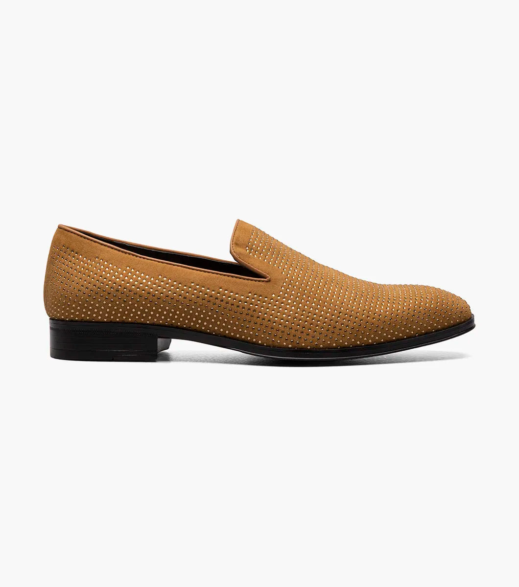 STACY ADAMS Suave Rhinestone Slip On in Tan (25583-240) is a suede dress shoe loafer with perforated detail, black sole, low heel, and cushioned memory foam footbed, shown on a white background.
