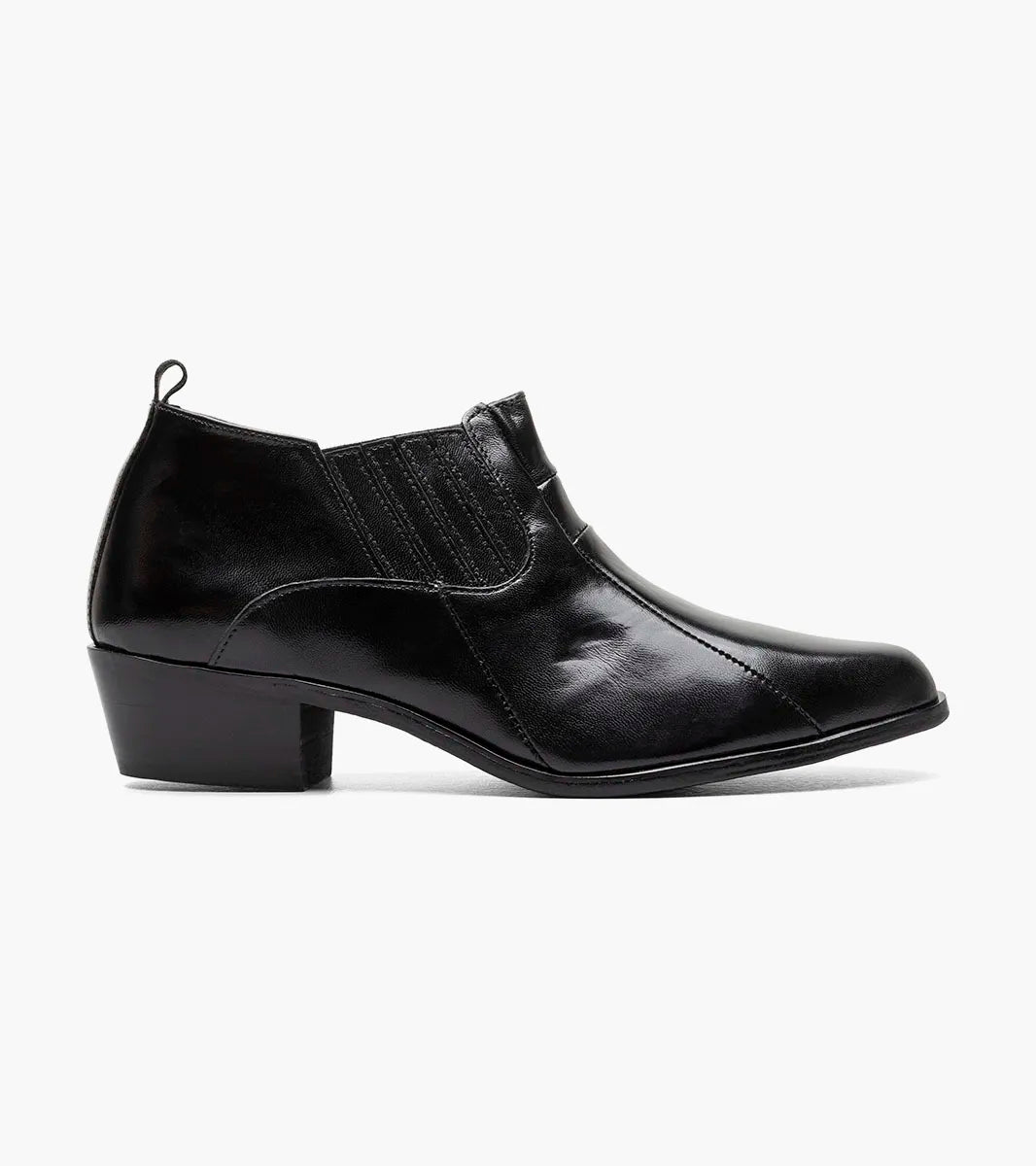 The Stacy Adams Sotaro Cuban Heeled Boot (25667-001) by STACY ADAMS is a black leather ankle boot with a patent upper, low block heel, elastic side panels, and a back pull tab, shown in profile on a white background.