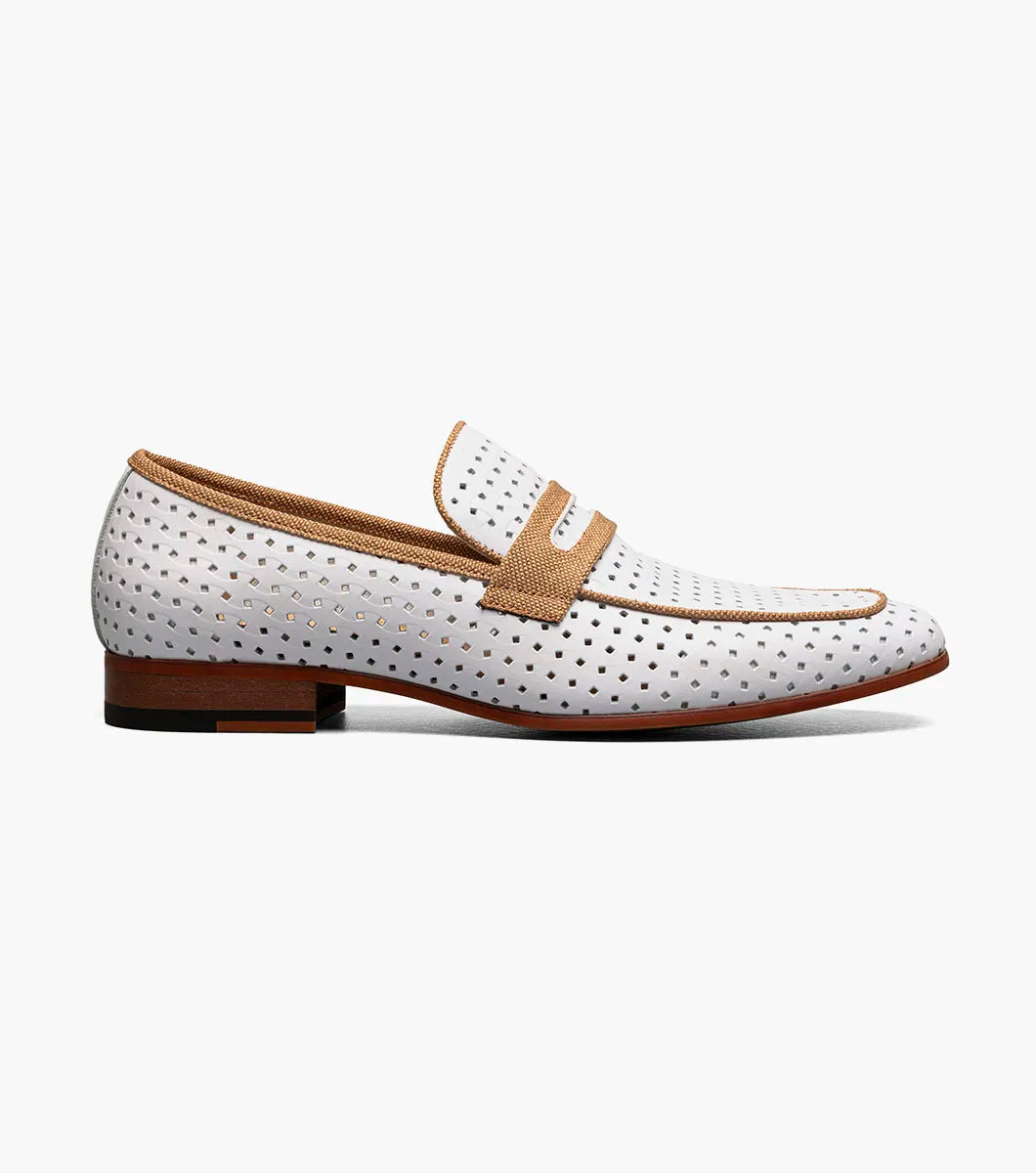 The Stacy Adams Winstead Moc Toe Saddle Slip On features a white leather upper with perforated details, light brown trim, and a low wooden heel. Shown is the STACY ADAMS style 25704-100 against a plain white background.