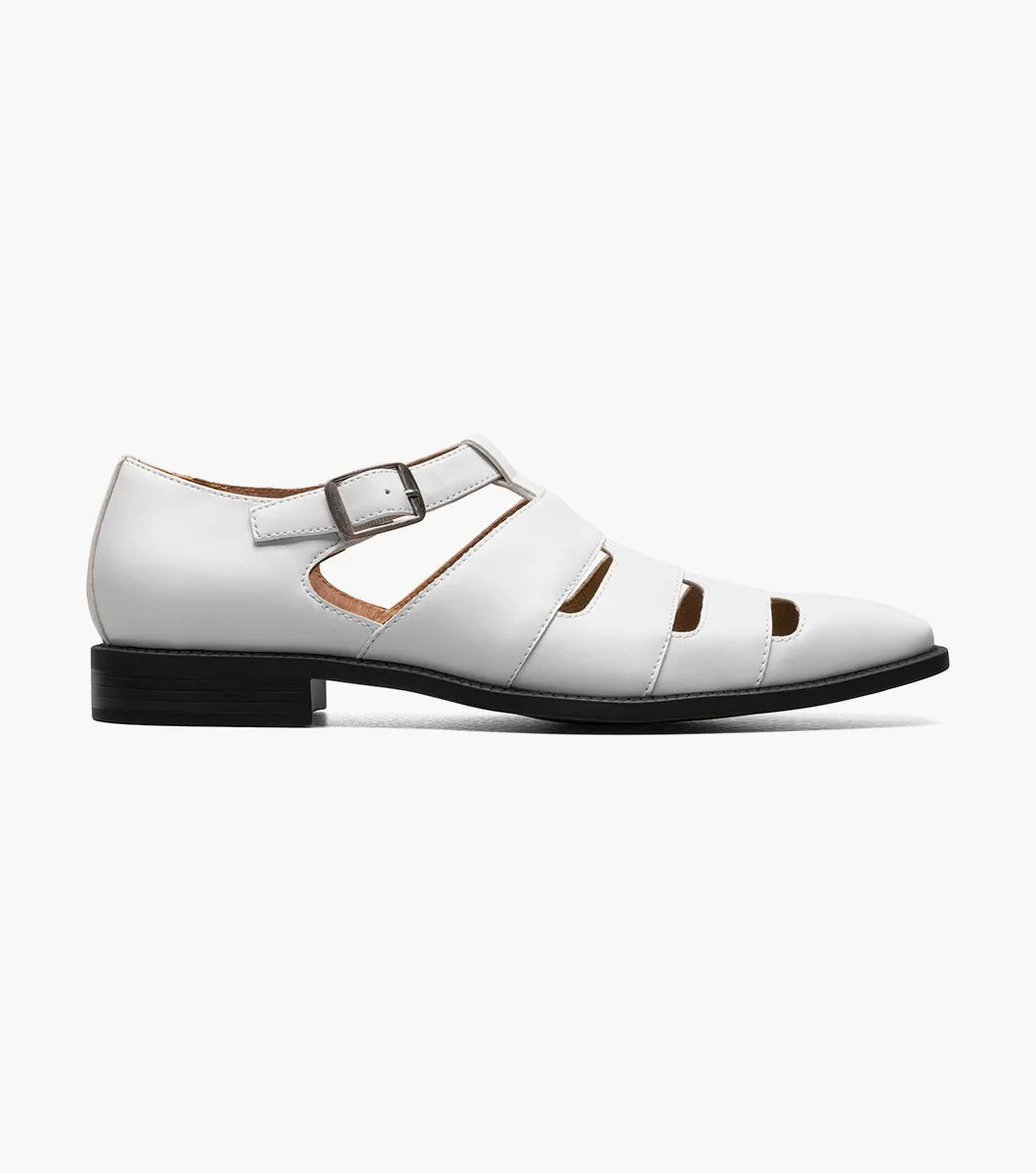 The Stacy Adams Calderon Closed Toe City Sandal in white features multiple cutouts, a side buckle strap, memory foam footbed, low black heel, and flat sole. Shown in profile against a plain background.