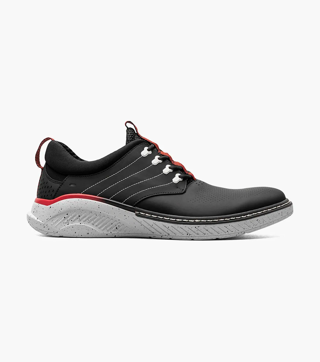 The Stacy Adams Barna Plain Toe Lace Up (25594-001) is a black athletic shoe with red accents, white details, black laces, a speckled white sole, and a comfortable RedZone removable footbed from STACY ADAMS.