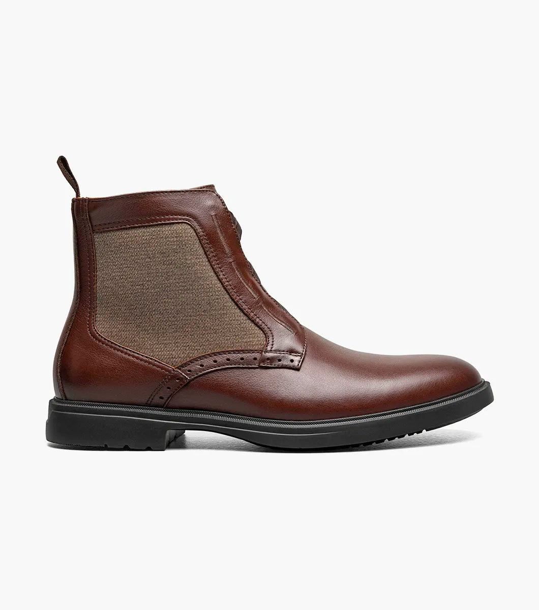 The STACY ADAMS Thompson Plain Toe Elastic Lace Boot in brown features leather and fabric, elastic side panels, a pull tab, black rubber sole, and comfortable RedZone footbed.