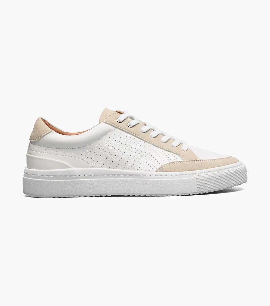 The STACY ADAMS Dorian Moc Toe Lace Up in white (25749-100) features perforated side panels, white laces, a white rubber sole, and enhanced arch support, shown against a plain white background.