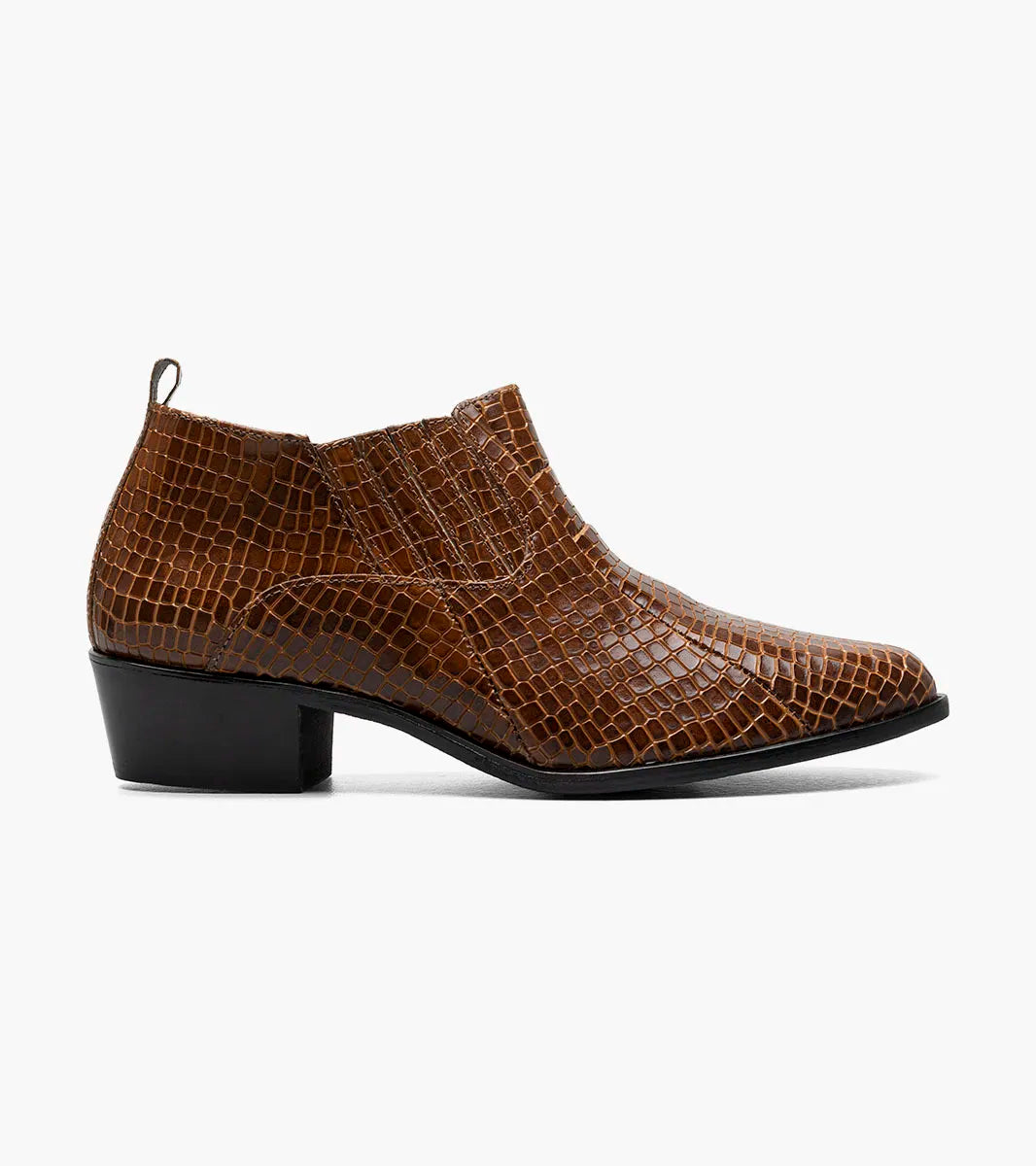 The Stacy Adams Sandoval Cuban Heeled Boot in Cognac (25666-221) features a brown crocodile-print leather, low Cuban heel, and pointed toe, shown on a plain white background.