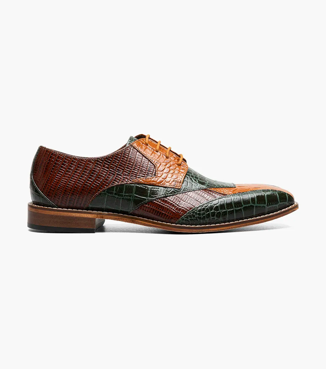 The STACY ADAMS Tristano Modified Bike Toe Oxford (Green Multi, 25694-340) is a men's lace-up shoe made from brown and green crocodile print leather with a low heel and anatomical arch support for comfort.