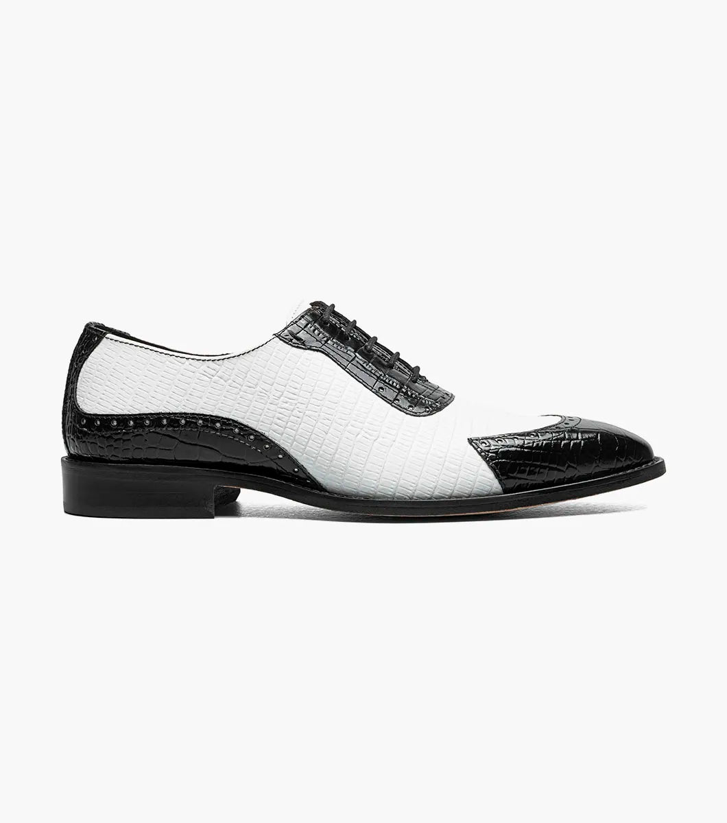 The STACY ADAMS Tarango Modified Cap Toe Oxford (Black w/White, 25770-111) is a men's lace-up dress shoe in crocodile print leather with a low heel, perfect for an elegant formal look.
