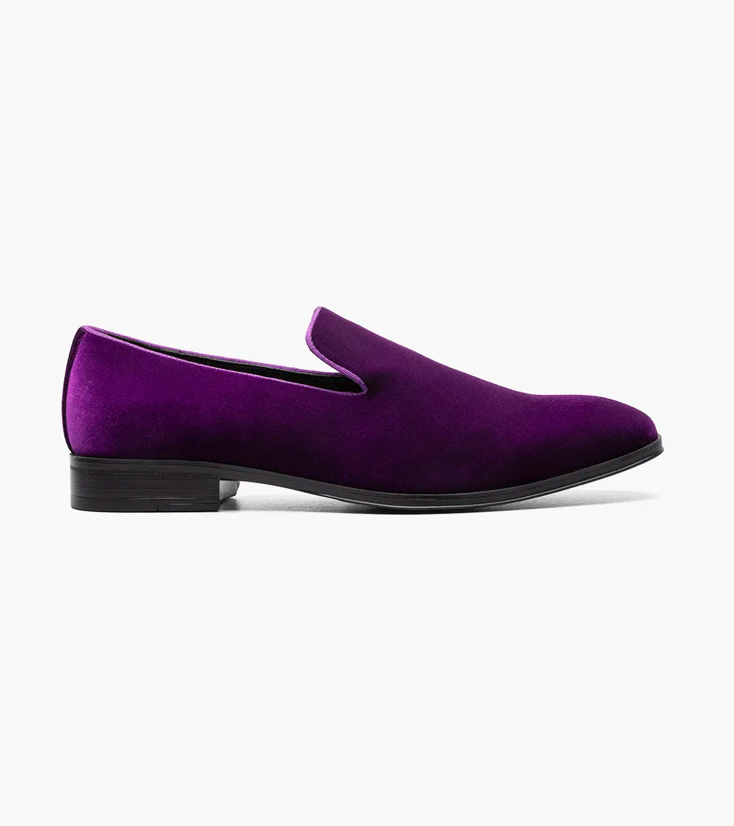 A single STACY ADAMS Savian Plain Toe Velour Slip On (Purple, 25613-542) with a low black heel and Memory Foam footbed is angled against a plain white background.
