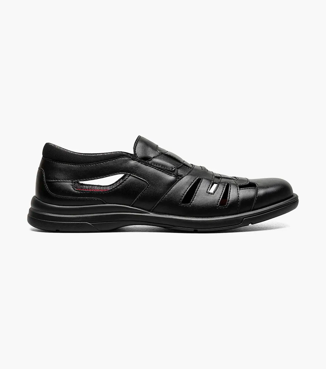 The Stacy Adams Scobel Closed Toe Fisherman Sandal (25657-001) features black leather, side cutouts, breathable lining, and a red inner lining. Shown here on a plain white background.