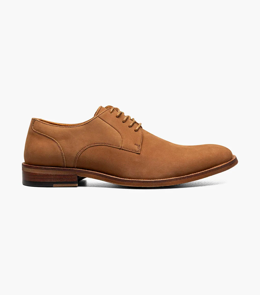 The STACY ADAMS Preston Plain Toe Lace Up in tan (25650-240) is a men’s dress shoe with a low heel and rounded toe, shown on a white background.