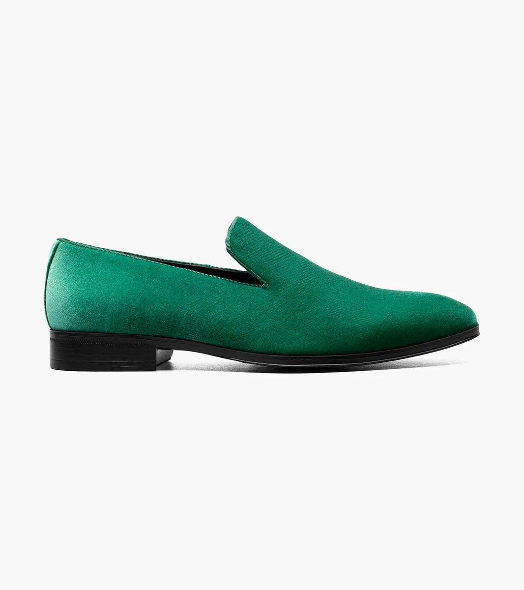 A single STACY ADAMS Savian Plain Toe Velour Slip On in emerald (style 25613-312), featuring a memory foam footbed and low black heel, is displayed on a white background.