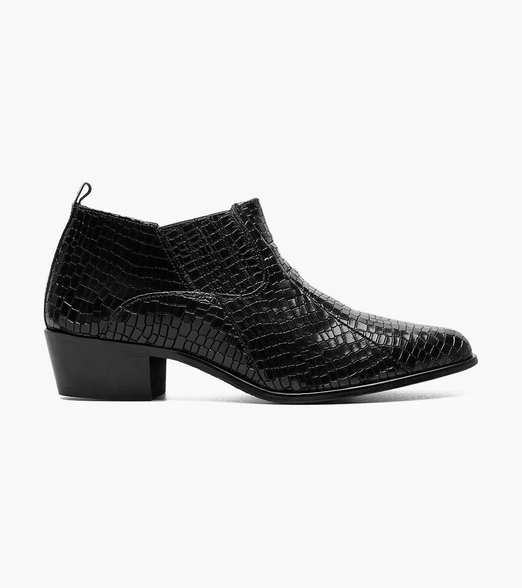 The Stacy Adams Sandoval Cuban Heeled Boot (25666-001) is a black ankle boot with a pointed toe, crocodile-printed leather pattern, low Cuban heel, and durable rubber outsole.