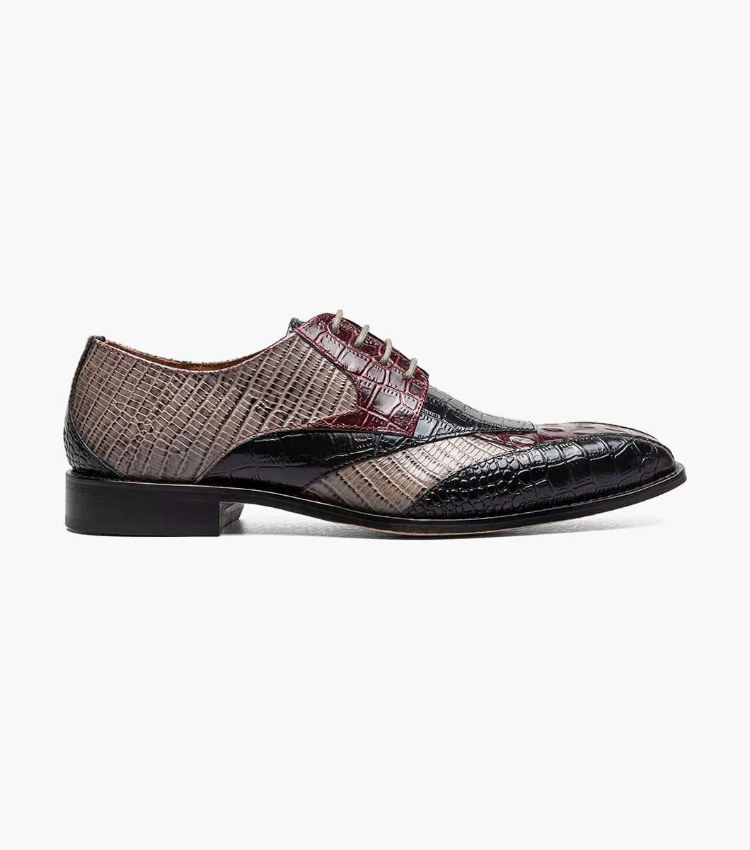 The STACY ADAMS Tristano Modified Bike Toe Oxford in Burgundy Multi (25694-641) features glossy crocodile print leather, laces, and a low heel—a sophisticated men's dress shoe ideal for formal events.