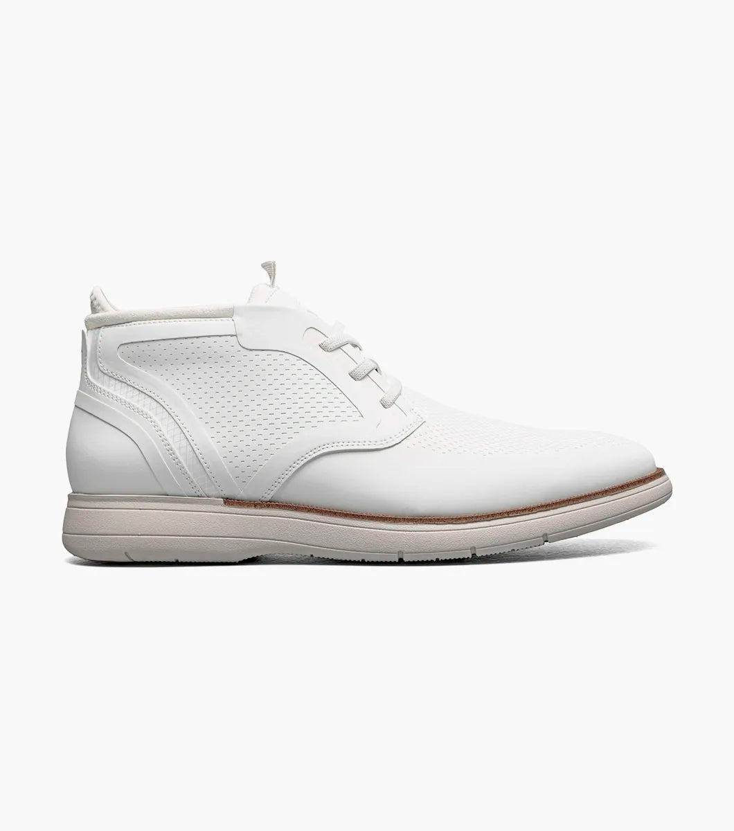 The STACY ADAMS Eastmont Plain Toe Elastic Lace Chukka Boot in white features a leather upper with perforations, subtle stitching, and a contrasting beige outsole, displayed on a white background.