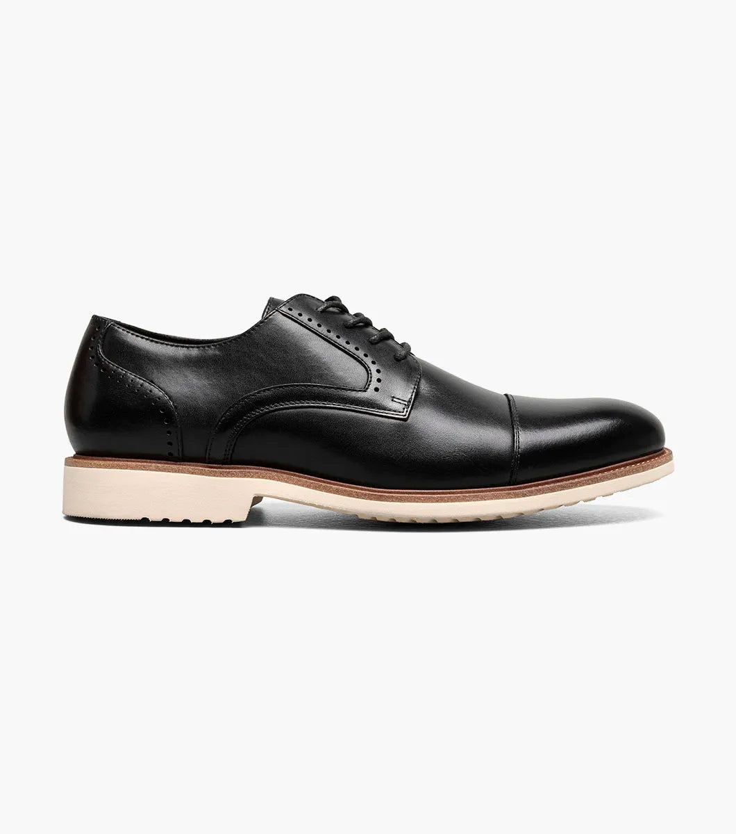 The Stacy Adams Wesbridge Cap Toe Oxford in black features burnished leather, black laces, a light tan sole, and RedZone footbed; shown left side profile against a white background.